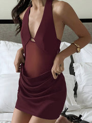 Hanging V-Neck Backless Lace Up Pleated High Waist Dress