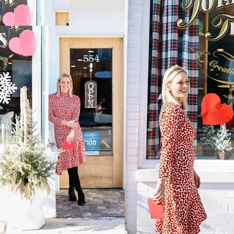 Heart Print Stand Collar Long Sleeve Casual Dress