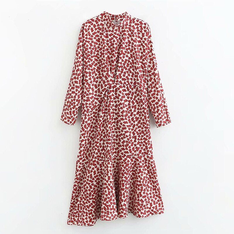Heart Print Stand Collar Long Sleeve Casual Dress