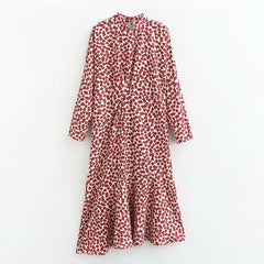 Heart Print Stand Collar Long Sleeve Casual Dress