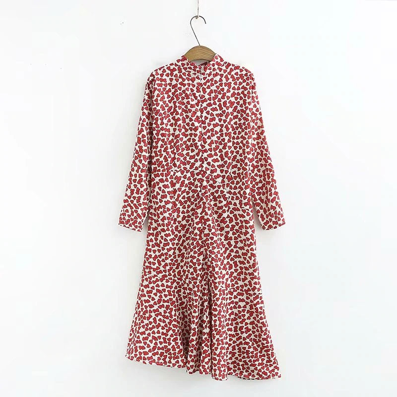 Heart Print Stand Collar Long Sleeve Casual Dress