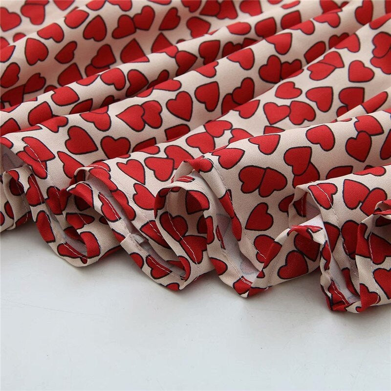 Heart Print Stand Collar Long Sleeve Casual Dress