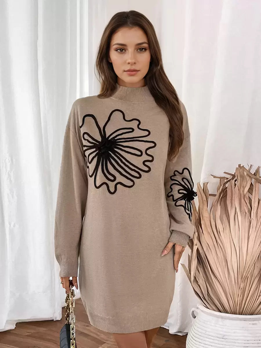 High Collar Floral Print Long Sleeves High Waist Elegant Knitted Dresses