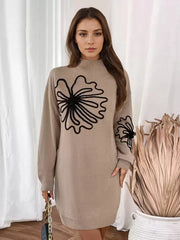 High Collar Floral Print Long Sleeves High Waist Elegant Knitted Dresses