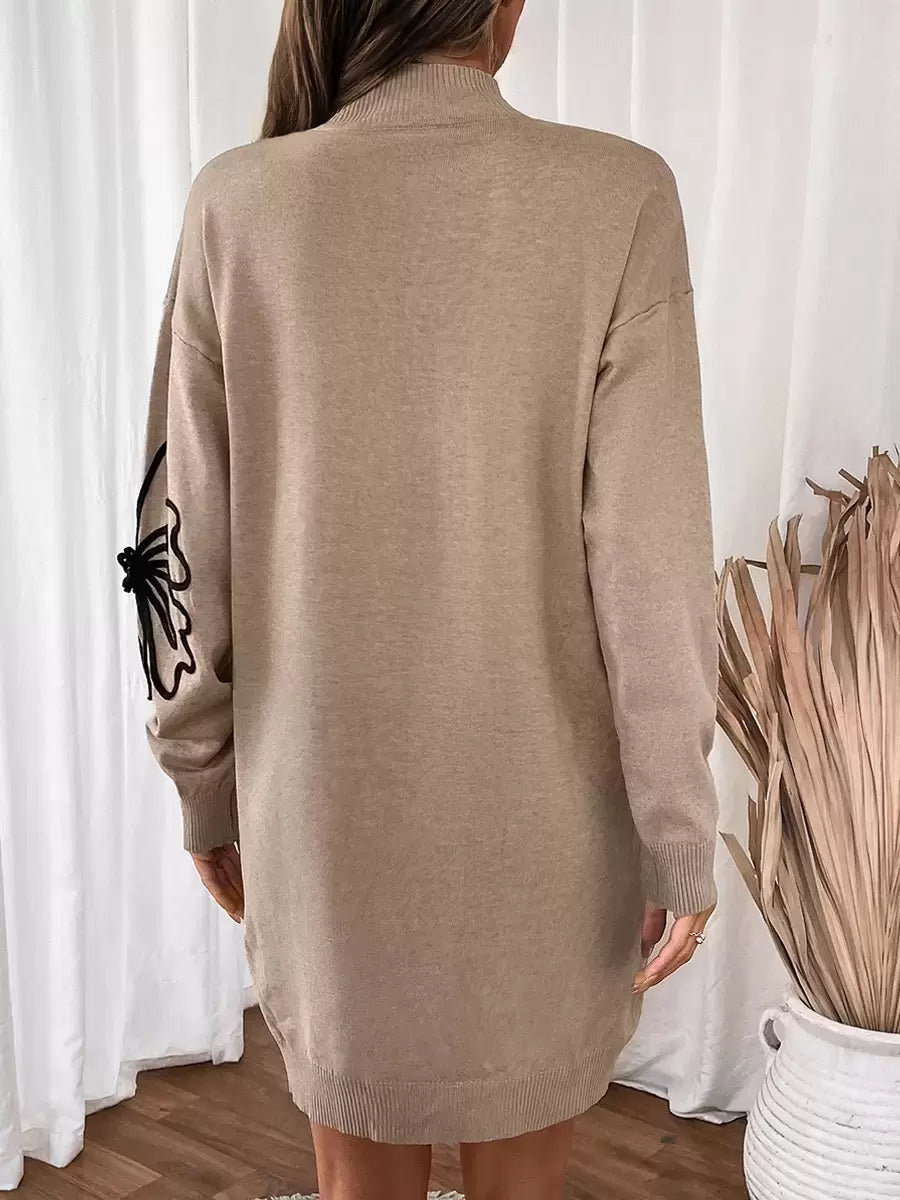 High Collar Floral Print Long Sleeves High Waist Elegant Knitted Dresses