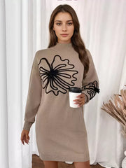 High Collar Floral Print Long Sleeves High Waist Elegant Knitted Dresses