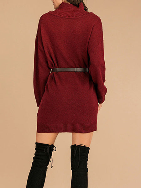 High Collar Long Sleeves Knit Sweater Dresses