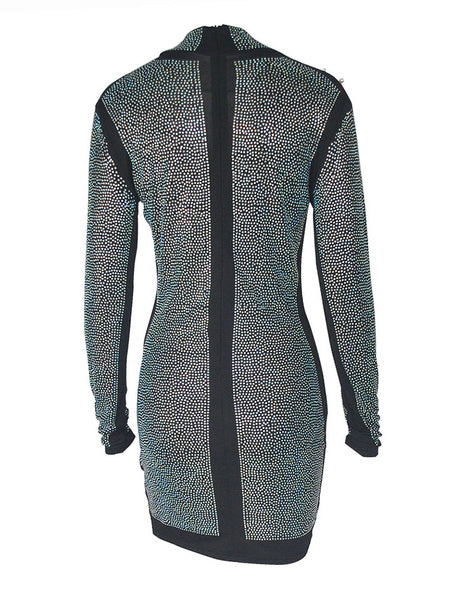 High Collar Rhinestones Long Sleeves Polyester Bodycon Club Dress