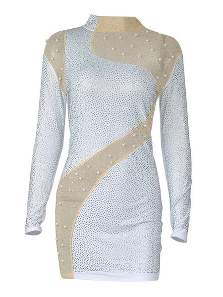 High Collar Rhinestones Long Sleeves Polyester Bodycon Club Dress