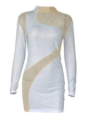 High Collar Rhinestones Long Sleeves Polyester Bodycon Club Dress