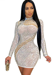 High Collar Rhinestones Long Sleeves Polyester Bodycon Club Dress