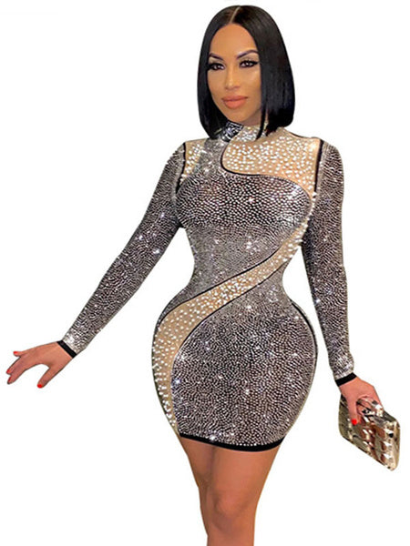 High Collar Rhinestones Long Sleeves Polyester Bodycon Club Dress