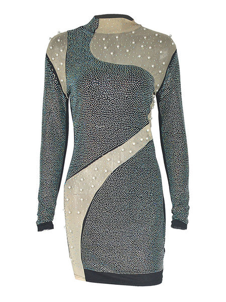 High Collar Rhinestones Long Sleeves Polyester Bodycon Club Dress