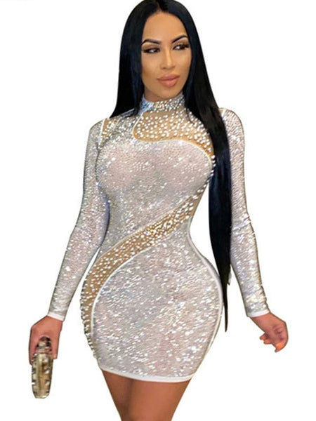 High Collar Rhinestones Long Sleeves Polyester Bodycon Dress