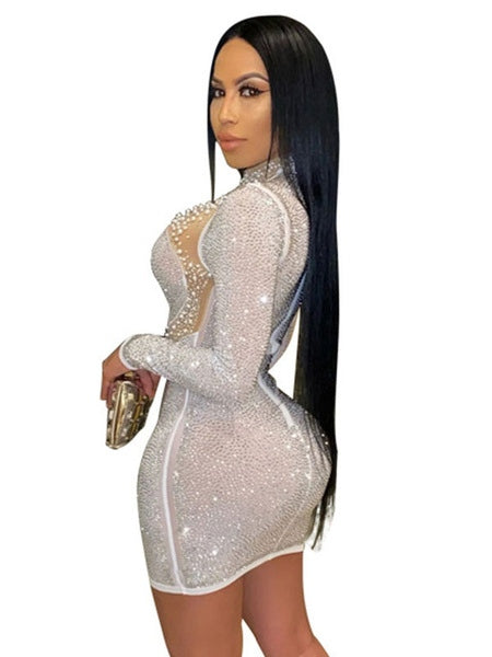 High Collar Rhinestones Long Sleeves Polyester Bodycon Dress