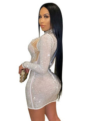 High Collar Rhinestones Long Sleeves Polyester Bodycon Dress