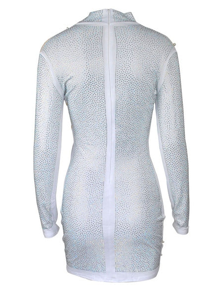 High Collar Rhinestones Long Sleeves Polyester Bodycon Dress