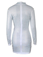 High Collar Rhinestones Long Sleeves Polyester Bodycon Dress