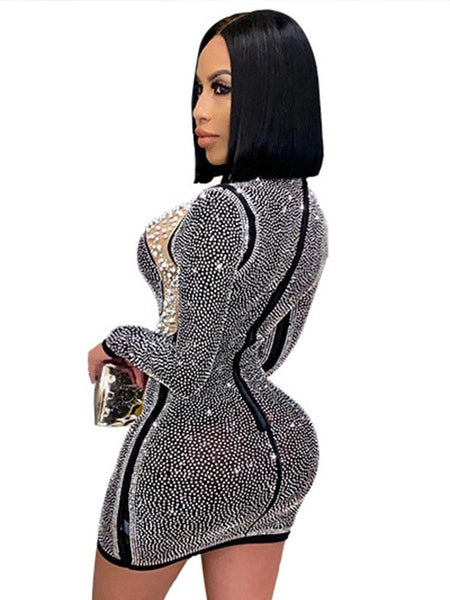 High Collar Rhinestones Long Sleeves Polyester Bodycon Dress