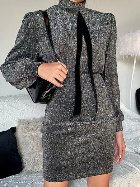 Elegant High Collar Long Sleeves Pencil Bodycon Dress