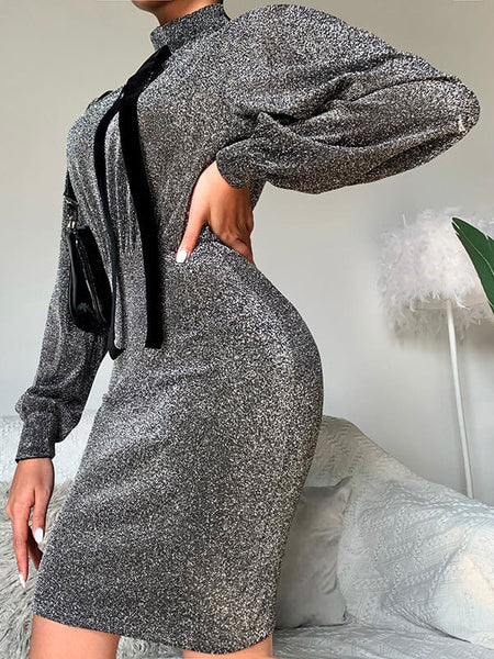 Elegant High Collar Long Sleeves Pencil Bodycon Dress