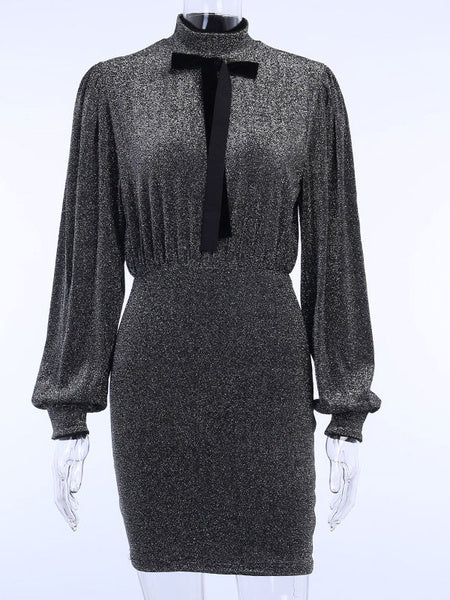 Elegant High Collar Long Sleeves Pencil Bodycon Dress