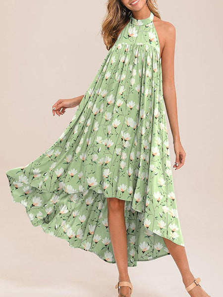 High Low Floral Sleeveless Backless Boho Beach Dress