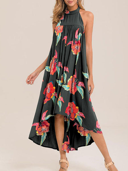 High Low Floral Sleeveless Backless Boho Beach Dress