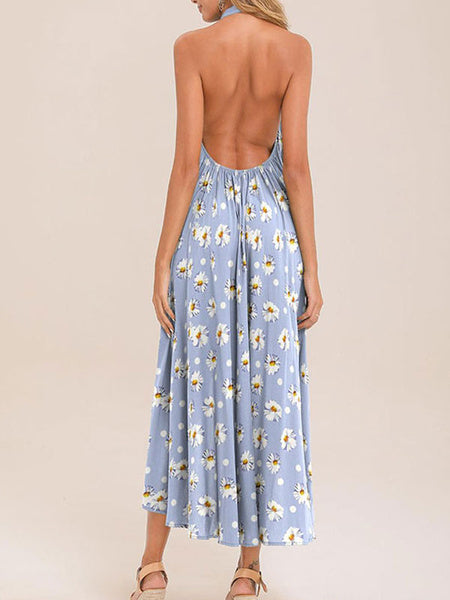High Low Floral Sleeveless Backless Boho Beach Dress