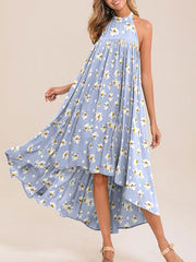 High Low Floral Sleeveless Backless Boho Beach Dress