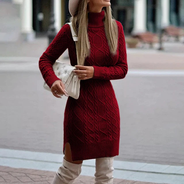 High-Neck Casual Solid Color Split Tight Dress