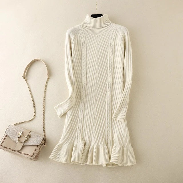 High Neck Long Sleeves Loose Sweater Solid Dress