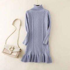 High Neck Long Sleeves Loose Sweater Solid Dress