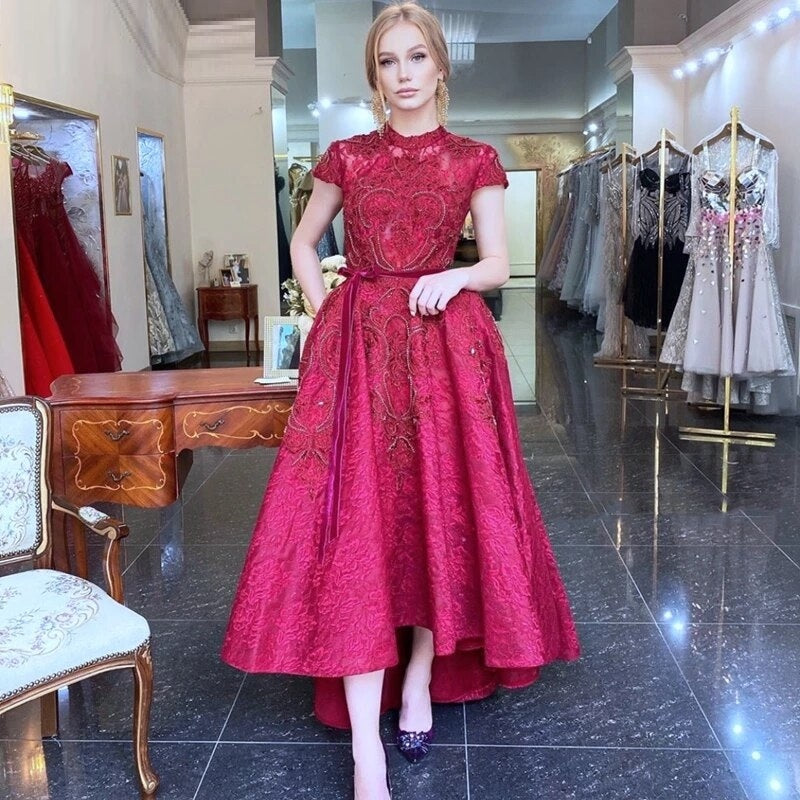 High Neck Luxury Asymmetrical Evening Dresses