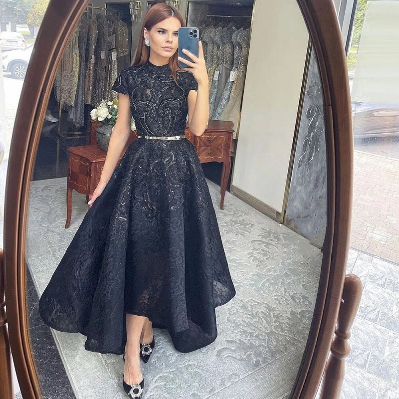 High Neck Luxury Asymmetrical Evening Dresses