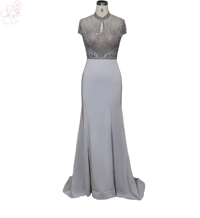 High Neck Short Sleeves Elastic Satin Long Formal Evening Prom Wedding Party Gowns