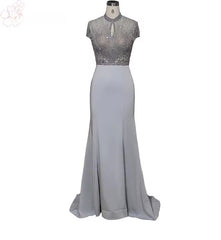 High Neck Short Sleeves Elastic Satin Long Formal Evening Prom Wedding Party Gowns