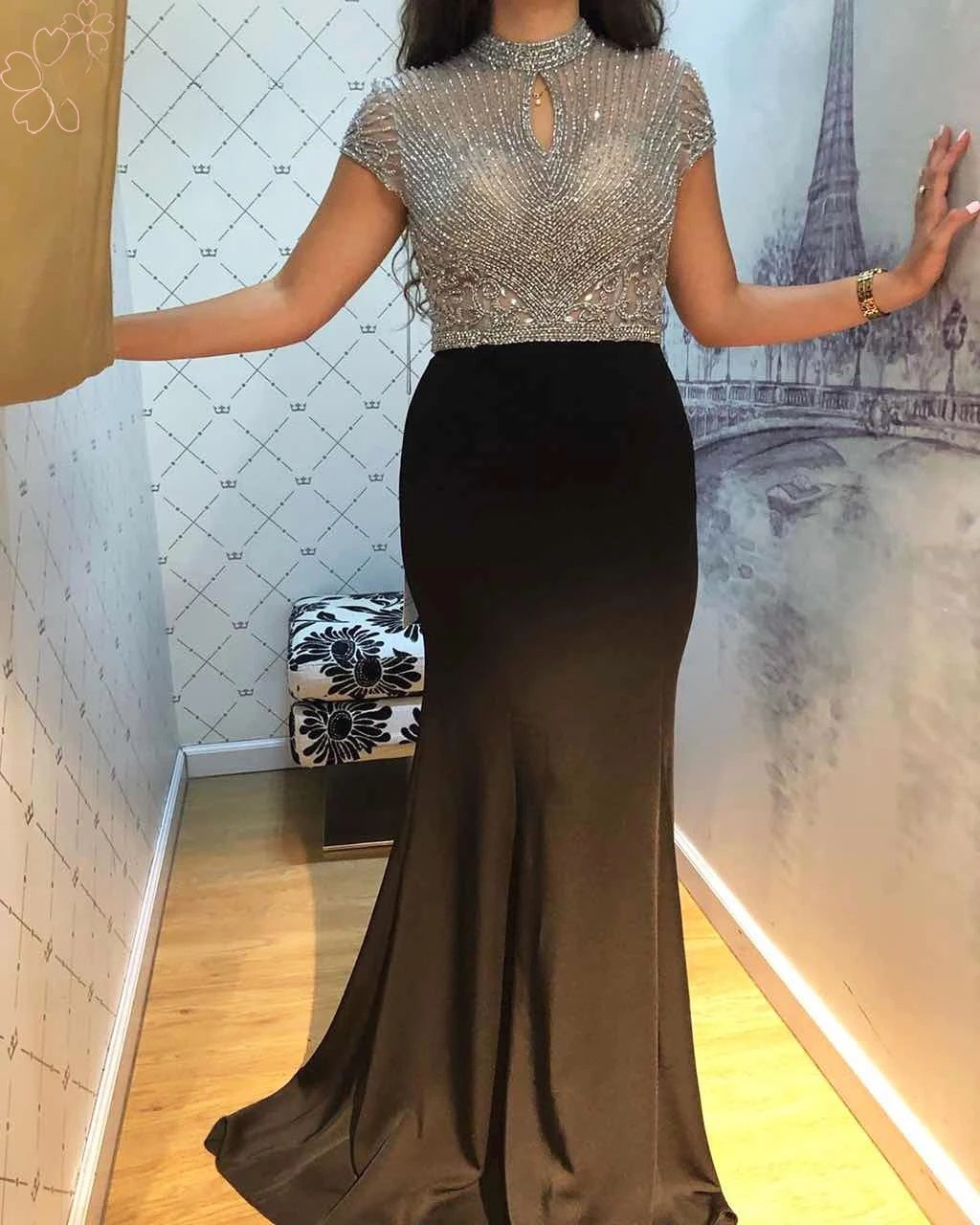 High Neck Short Sleeves Elastic Satin Long Formal Evening Prom Wedding Party Gowns