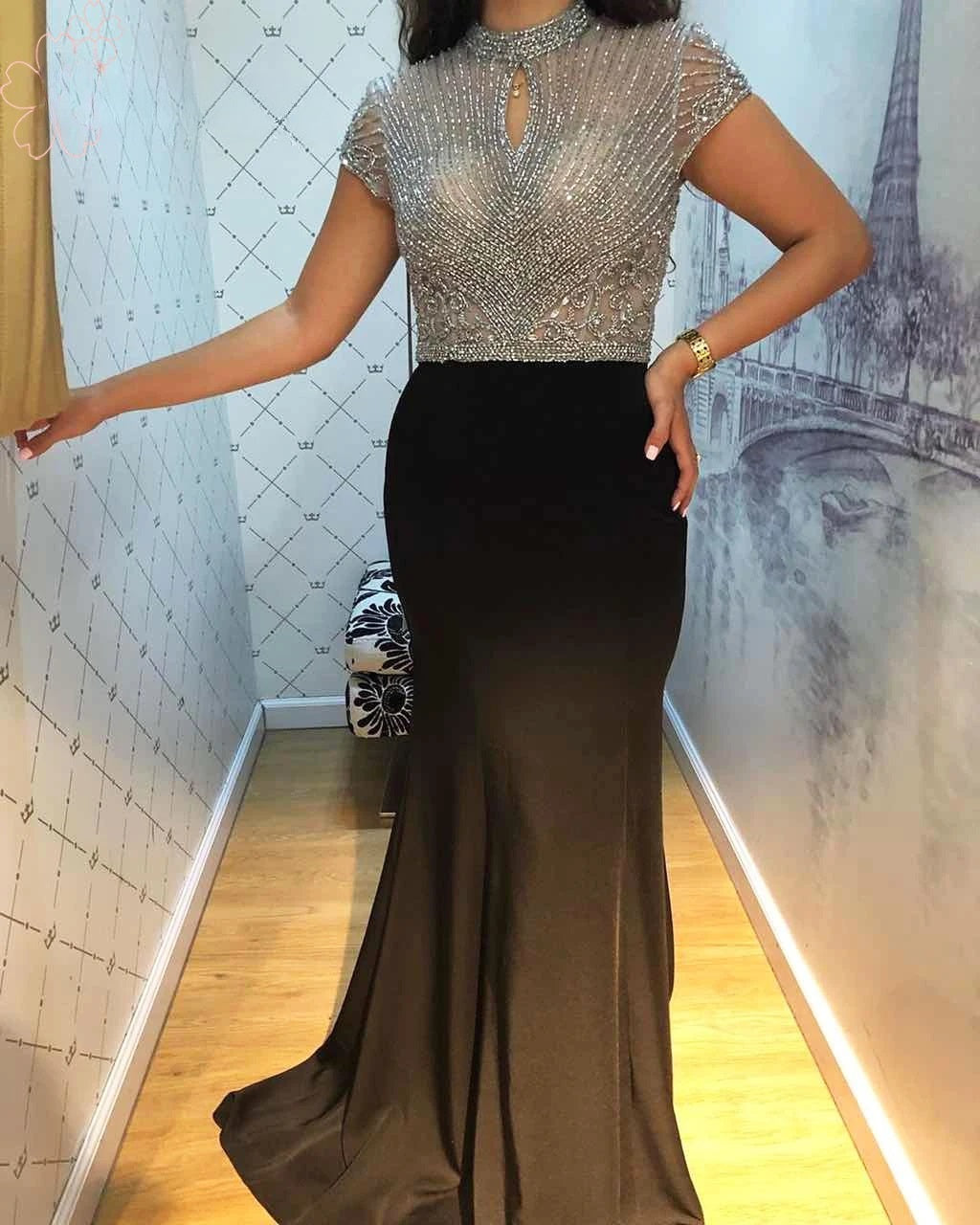 High Neck Short Sleeves Elastic Satin Long Formal Evening Prom Wedding Party Gowns