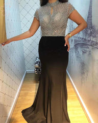 High Neck Short Sleeves Elastic Satin Long Formal Evening Prom Wedding Party Gowns