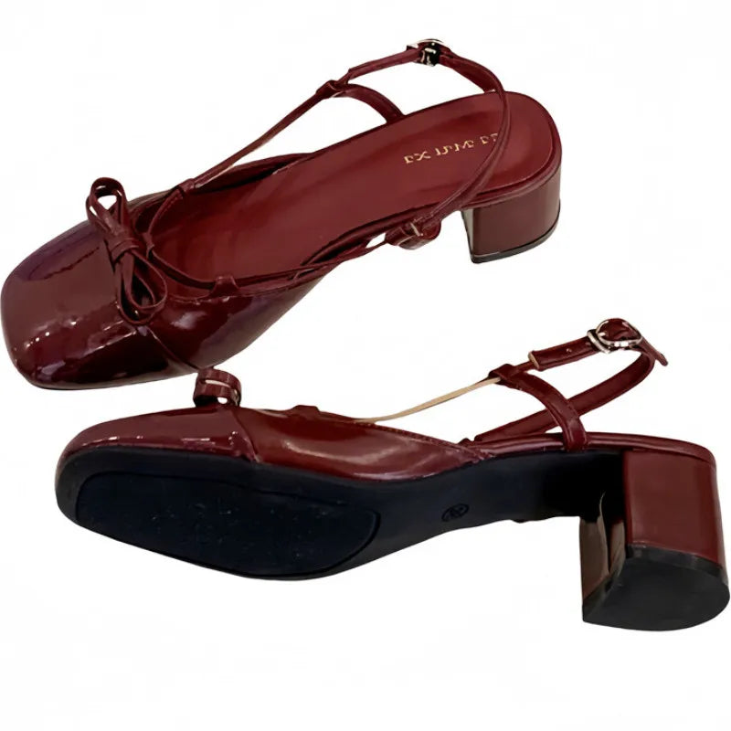 High Quality Bow Belt Buckle Sandals Round Toe Narrow Band Square Heel