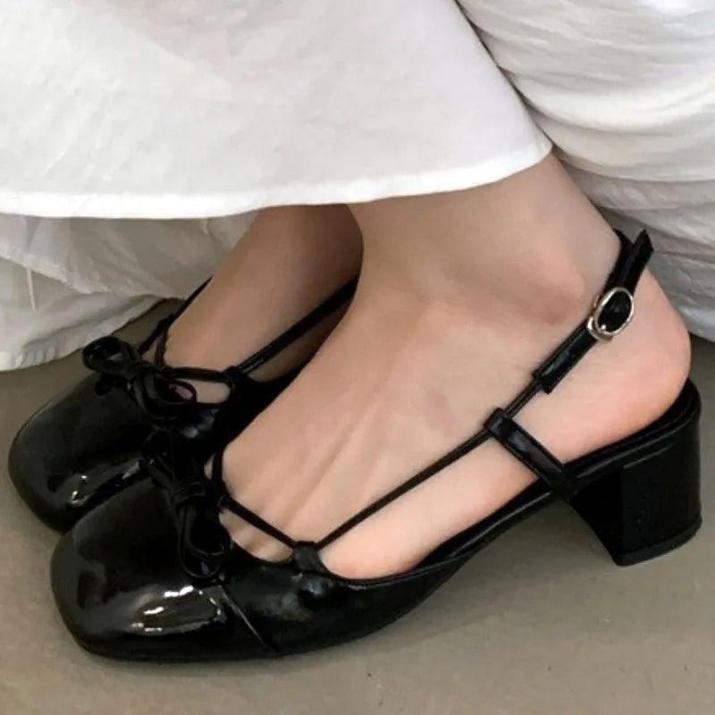 High Quality Bow Belt Buckle Sandals Round Toe Narrow Band Square Heel