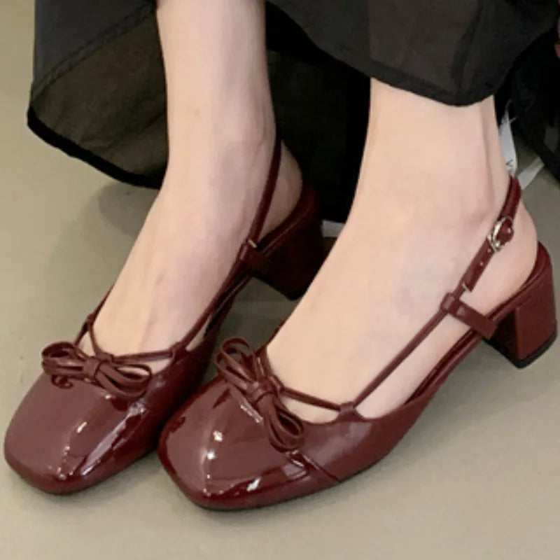 High Quality Bow Belt Buckle Sandals Round Toe Narrow Band Square Heel