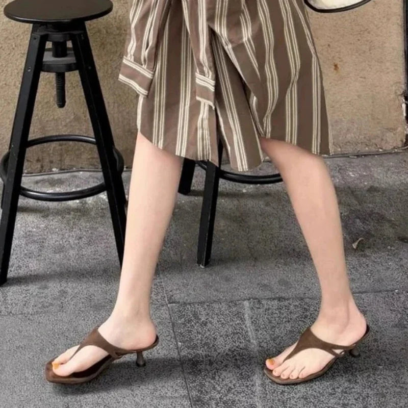 High Quality Faux Suede Brand Slippers Square Toe Clip Toe High Heel