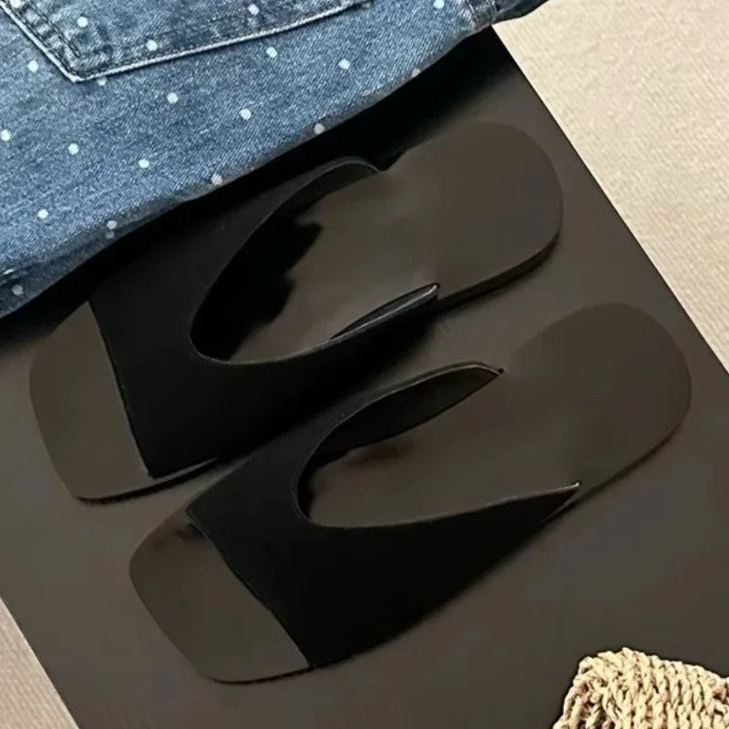 High Quality Faux Suede Square Toe Designer Brand Sandals Open Toe Flat Sandal Comfortable Vacation Beach Shoe