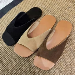 High Quality Faux Suede Square Toe Designer Brand Sandals Open Toe Flat Sandal Comfortable Vacation Beach Shoe