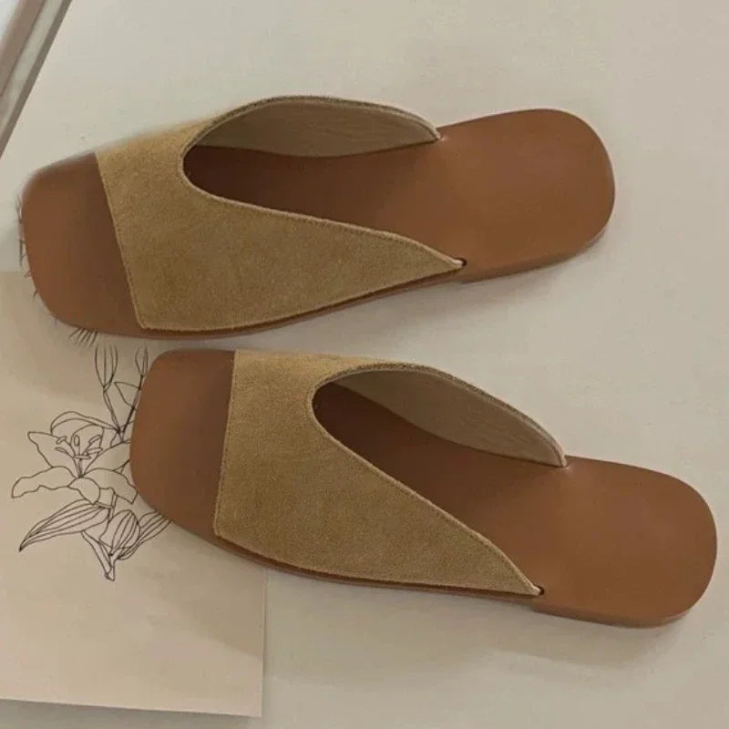 High Quality Faux Suede Square Toe Designer Brand Sandals Open Toe Flat Sandal Comfortable Vacation Beach Shoe