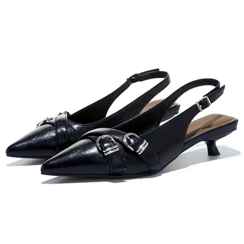 High Quality Leather Kitten-Heel Sandals Pointed-Toe Mules Heel