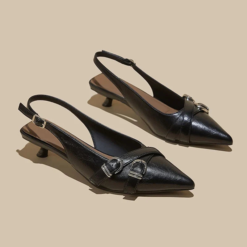 High Quality Leather Kitten-Heel Sandals Pointed-Toe Mules Heel