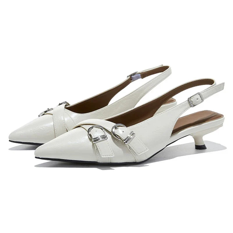 High Quality Leather Kitten-Heel Sandals Pointed-Toe Mules Heel